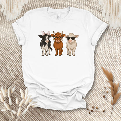 Trendy Cow Trio T-Shirt – Cute Stylish Cows with Bow & Sunglasses Farm Animal Tee