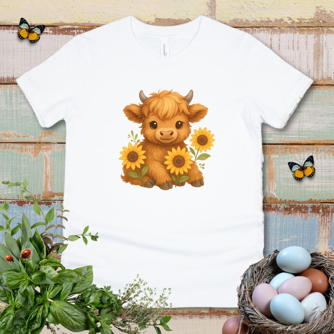 Cute Highland Cow Kids T-Shirt – Sunflower Cow Tee for Little Farm Animal Lovers
