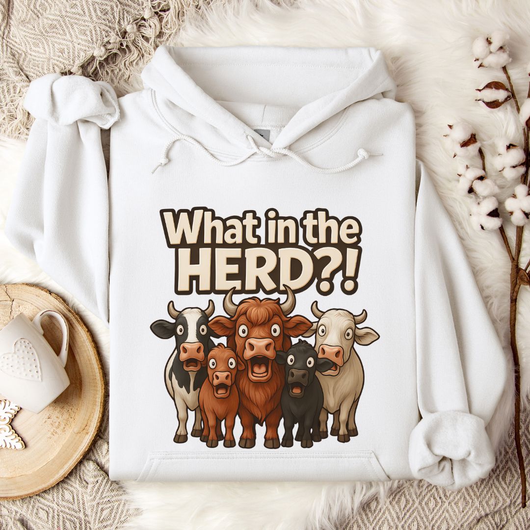 Funny Cow Hoodie – What in the Herd?! Farm Humor Pullover for Cow Lovers & Country Life Fans