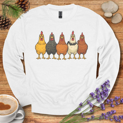Hen Lineup Chicken Sweatshirt – Colorful Barnyard Pullover for Poultry Lovers & Farmhouse Living