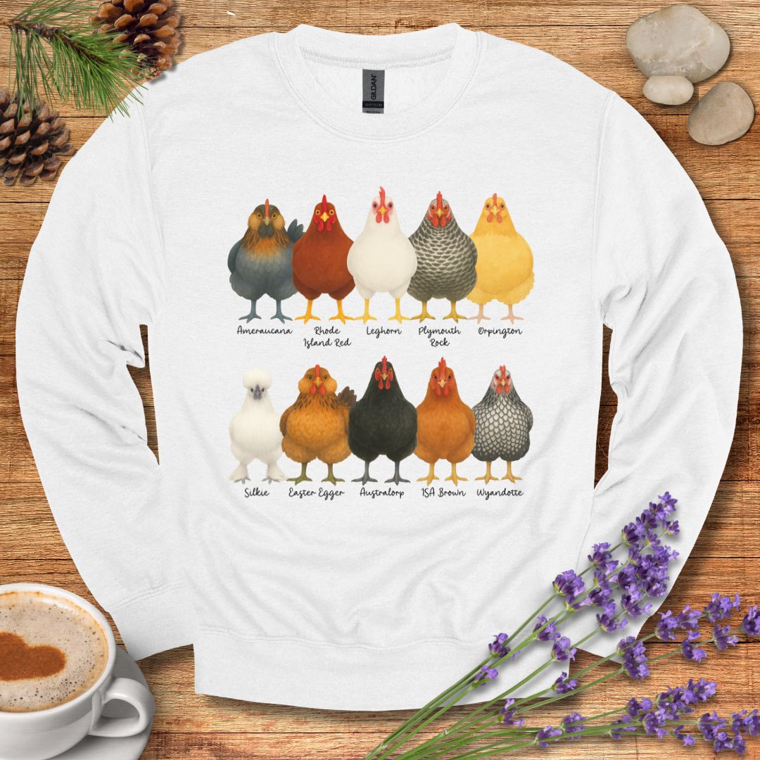 Chicken Breeds Sweatshirt – Farm Animal Pullover with Popular Hen & Rooster Varieties for Chicken Lovers