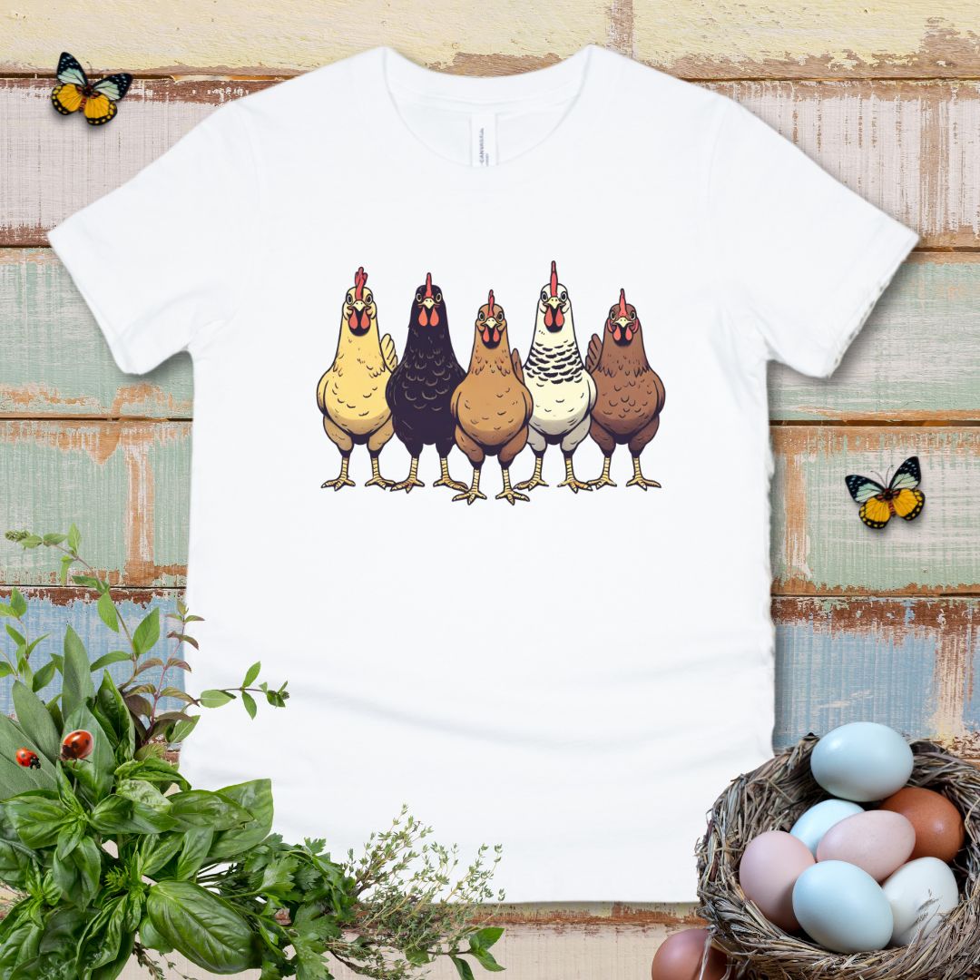 Cute Chicken Lover Kids T-Shirt – Farm Chickens Lineup Youth Tee for Boys & Girls