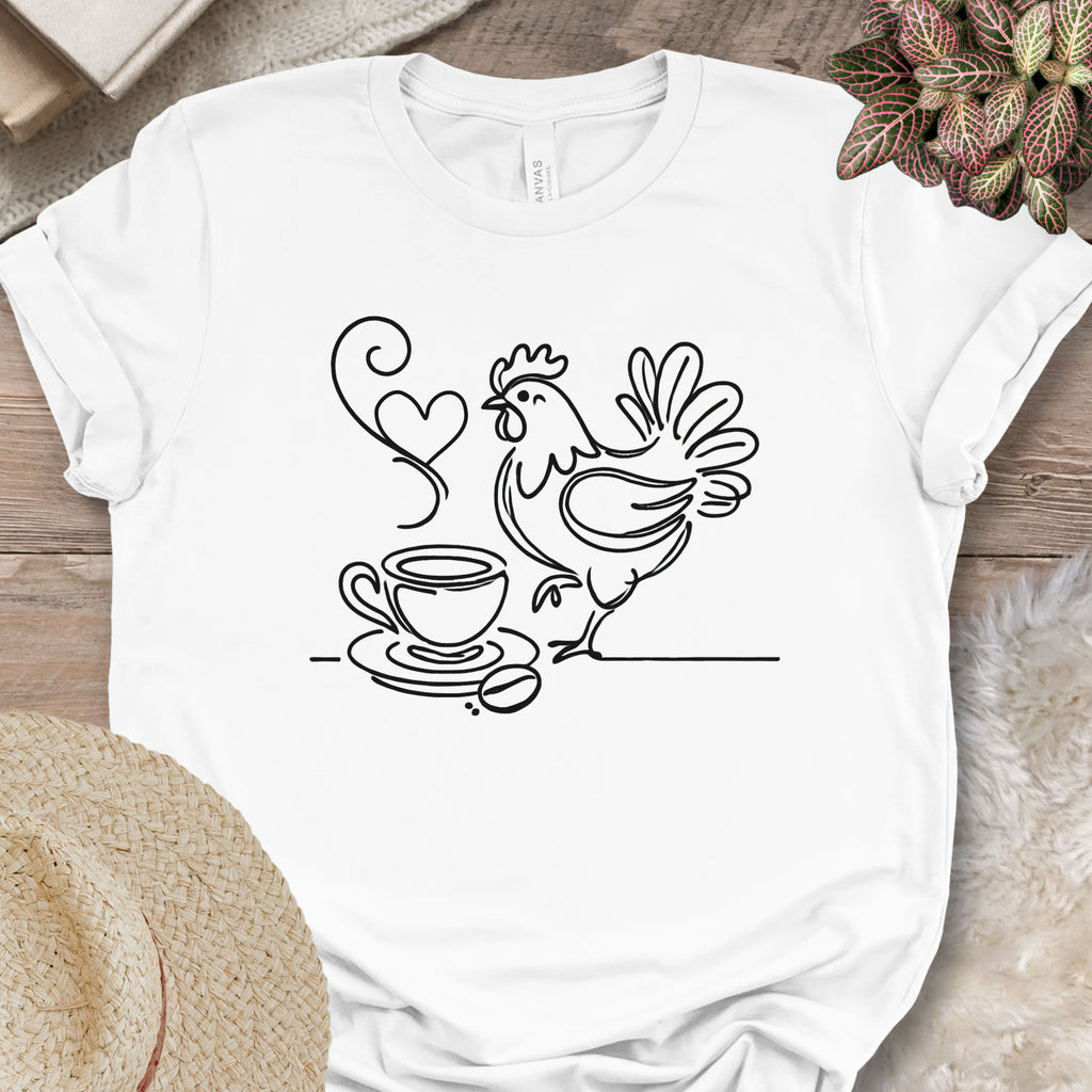 Minimalist Coffee & Chicken Line Art T-Shirt