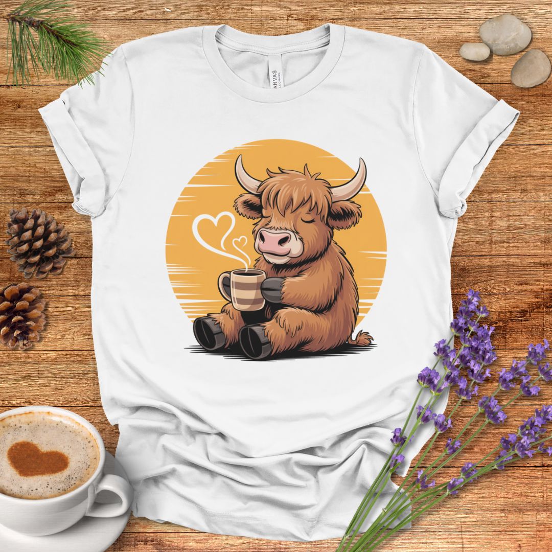 Highland Cow Coffee T-Shirt – Cozy Farmhouse Graphic Tee for Cow Lovers & Rustic Country Life