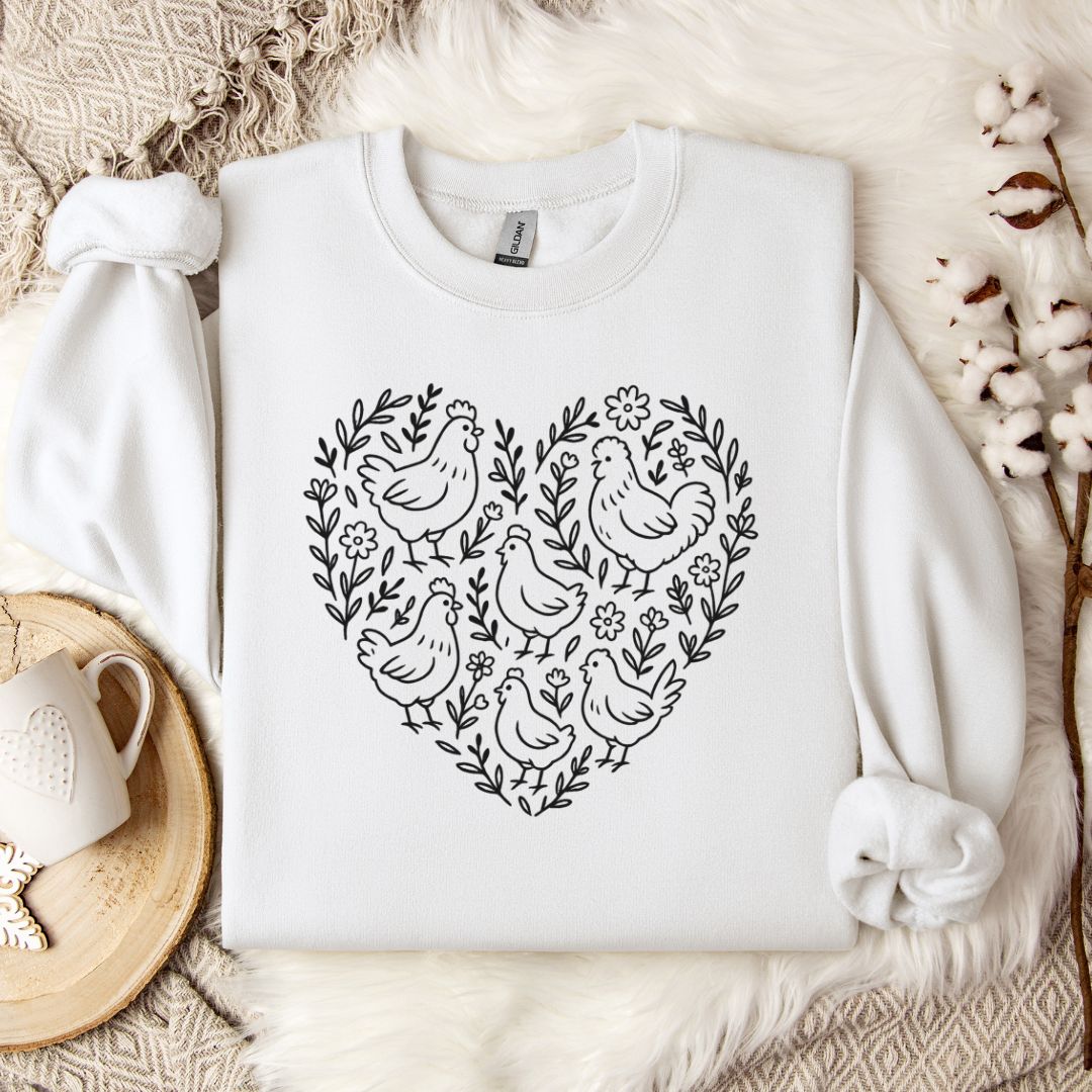 Farmhouse Chicken Sweatshirt – Floral Heart Pullover for Chicken Moms & Country Living Lovers