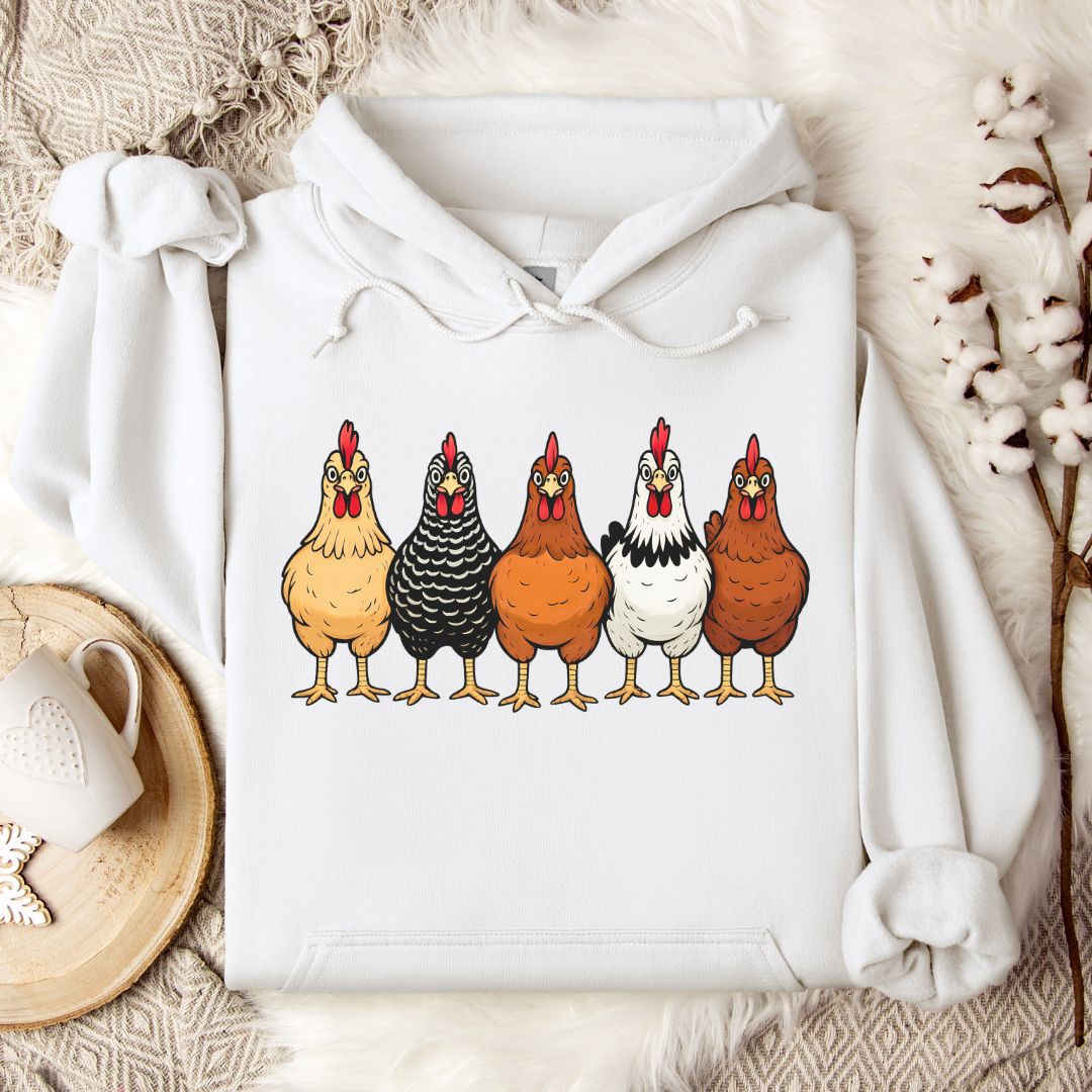 Farm Chickens Hoodie – Colorful Hen Lineup Cozy Unisex Hoodie for Poultry Lovers & Country Living Fans