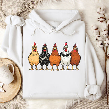 Farm Chickens Hoodie – Colorful Hen Lineup Cozy Unisex Hoodie for Poultry Lovers & Country Living Fans
