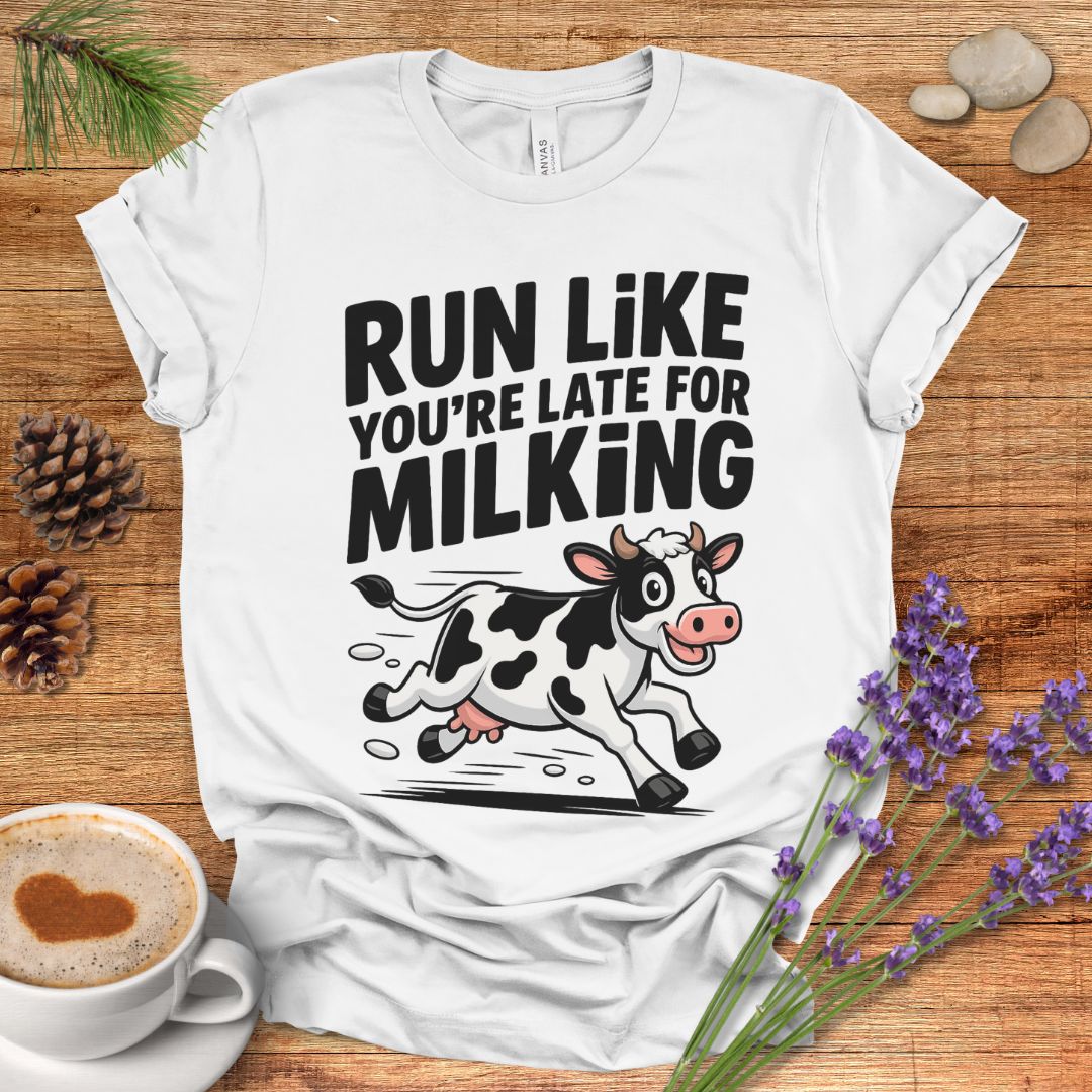 Funny Cow Lover T-Shirt – Run Like You’re Late for Milking Farm Tee for Cow Moms, Farmers & Country Life Fans