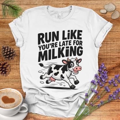 Funny Cow Lover T-Shirt – Run Like You’re Late for Milking Farm Tee for Cow Moms, Farmers & Country Life Fans