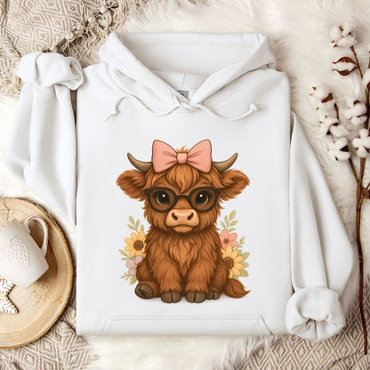 Cute Highland Cow Hoodie – Floral Cow with Glasses & Bow Pullover for Cow Moms & Farm Girls