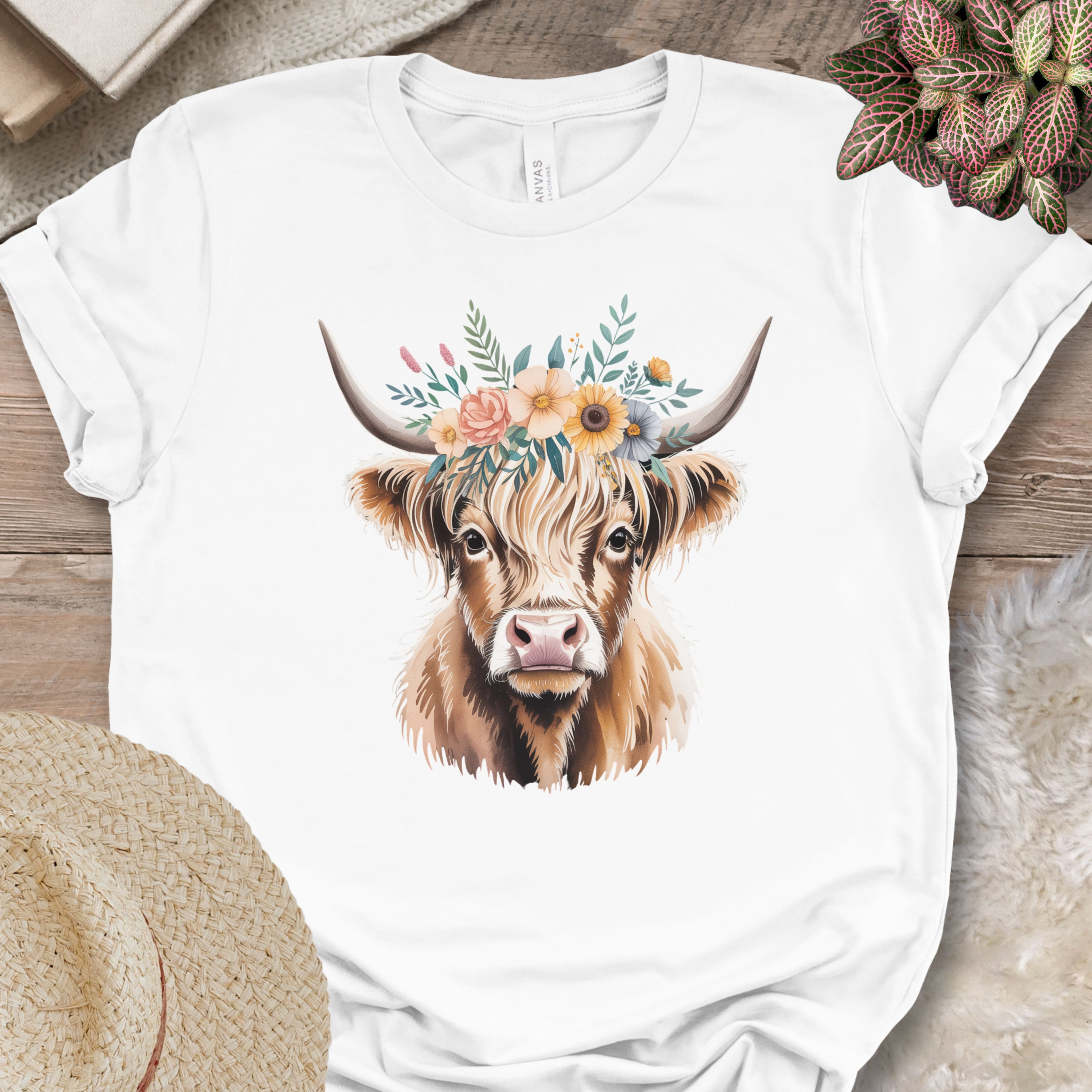 Simple Floral Highland Cow Tee