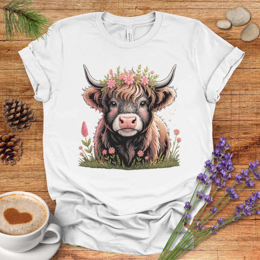 Floral Highland Cow T-Shirt – Boho Farmhouse Graphic Tee for Rustic Country Living & Cow Lovers