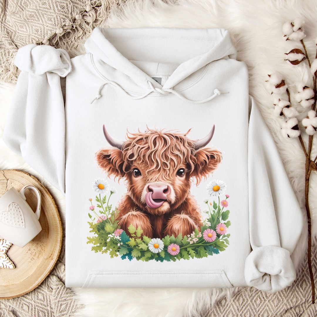 Highland Cow Hoodie – Cute Tongue-Out Cow & Wildflower Pullover for Farm Girls & Cow Lovers