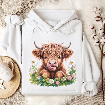 Highland Cow Hoodie – Cute Tongue-Out Cow & Wildflower Pullover for Farm Girls & Cow Lovers