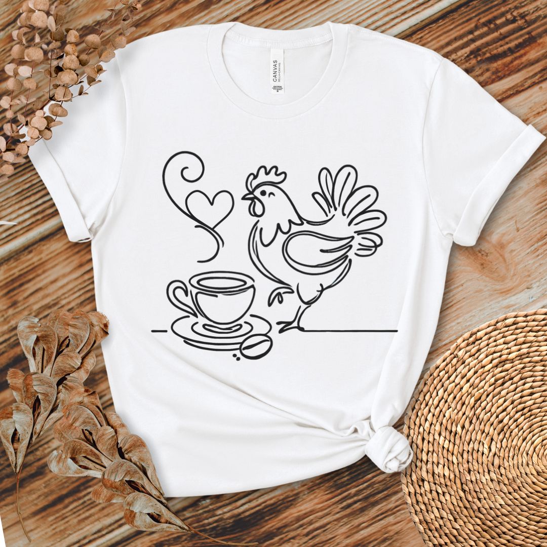 Minimalist Coffee & Chicken Line Art T-Shirt