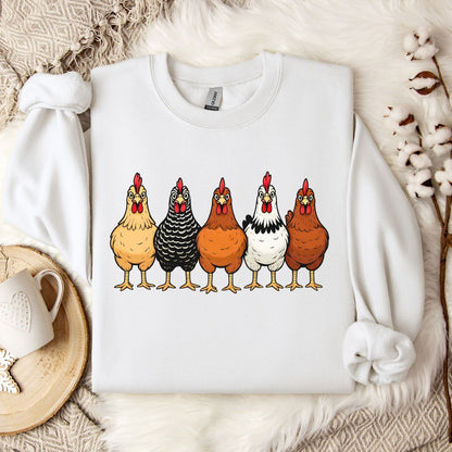 Hen Lineup Chicken Sweatshirt – Colorful Barnyard Pullover for Poultry Lovers & Farmhouse Living