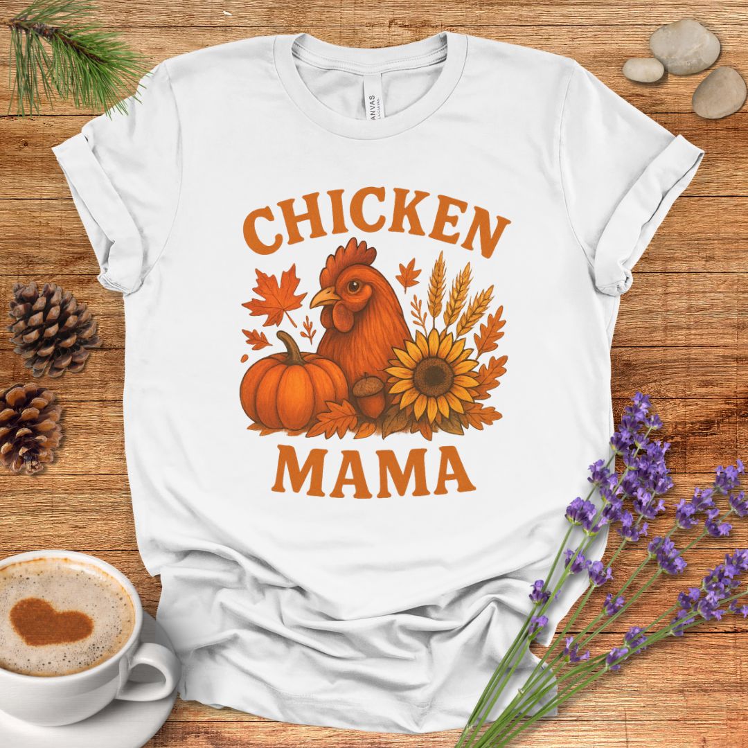 Chicken Mama Fall T-Shirt – Rustic Farmhouse Autumn Tee with Pumpkin, Sunflower & Chicken Design