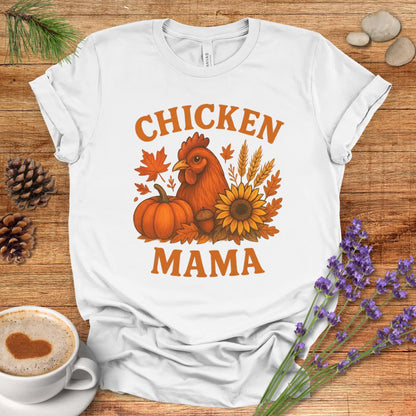 Chicken Mama Fall T-Shirt – Rustic Farmhouse Autumn Tee with Pumpkin, Sunflower & Chicken Design