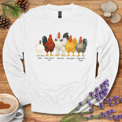 Rooster Lineup Sweatshirt – Silkie, Rhode Island Red, Brahma, Orpington & Plymouth Rock Pullover for Farm Animal Lovers
