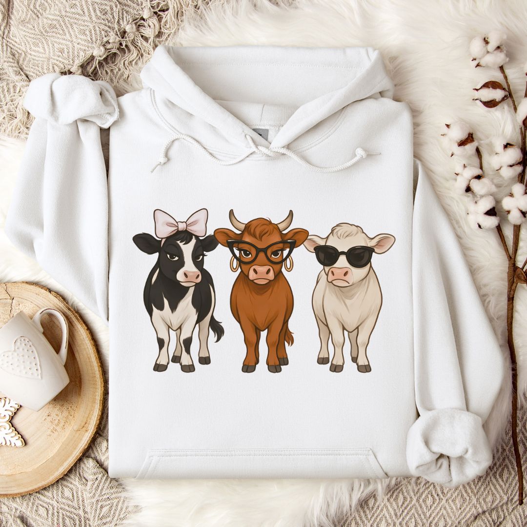 Trendy Cow Lover Hoodie – Cute Stylish Cow Trio Pullover with Bow, Glasses & Sunglasses