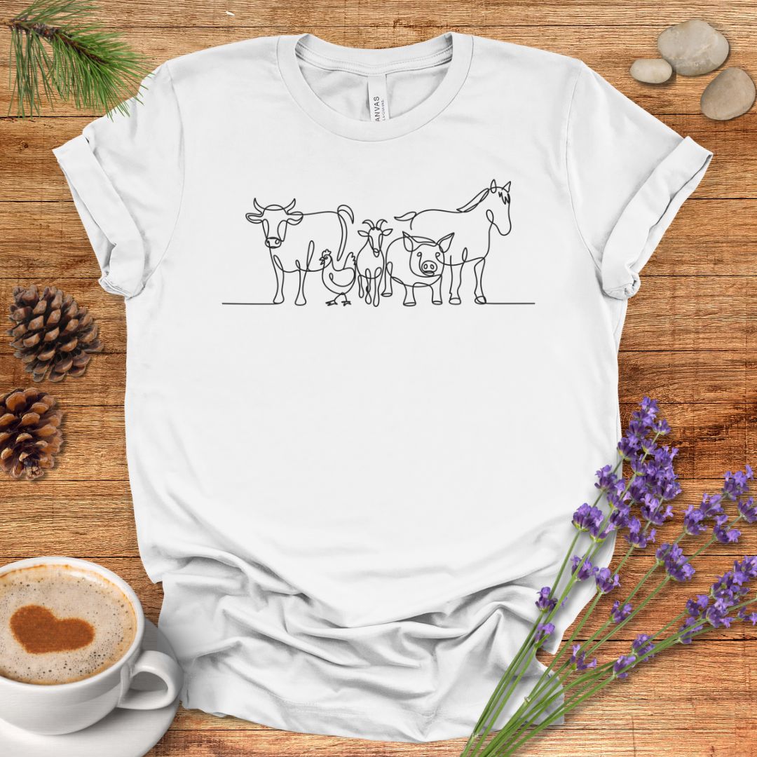 Farm Animal T-Shirt – Minimalist One Line Art Cow, Chicken, Goat, Pig & Horse Barnyard Shirt for Country Living