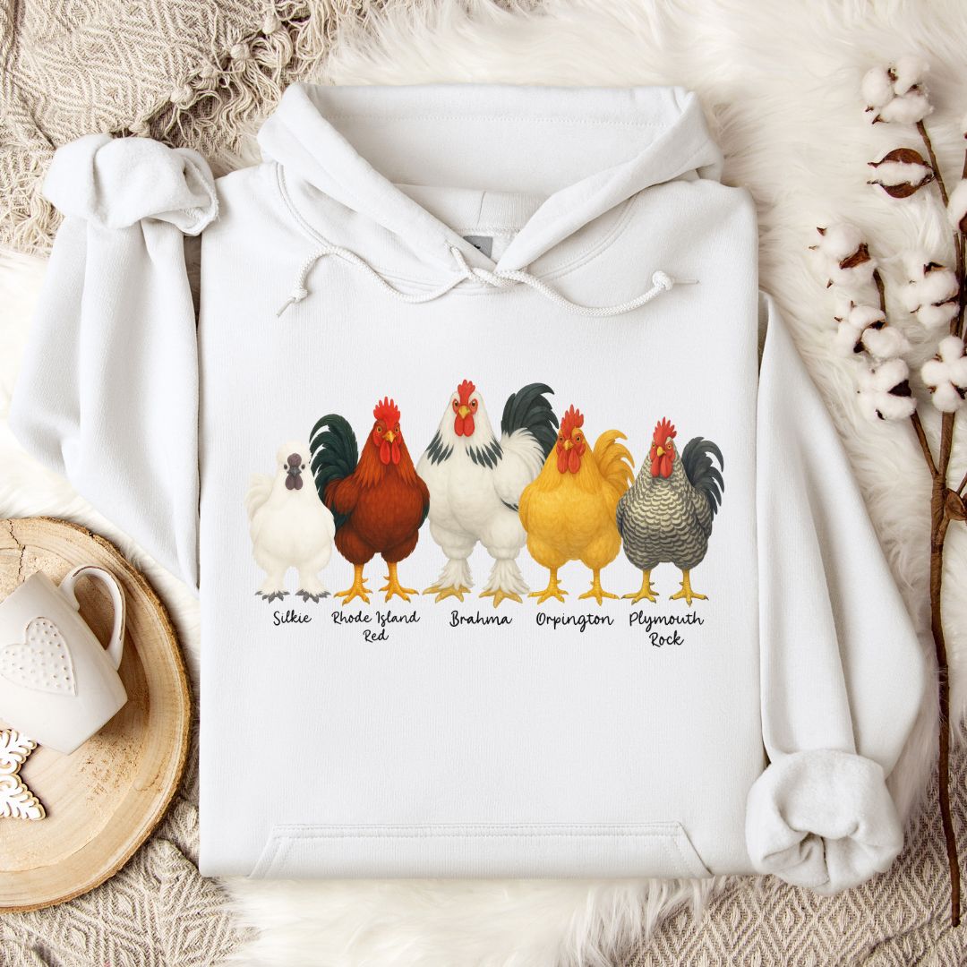 Rooster Breed Hoodie – Silkie, Rhode Island Red, Brahma & Orpington Chicken Lover Pullover