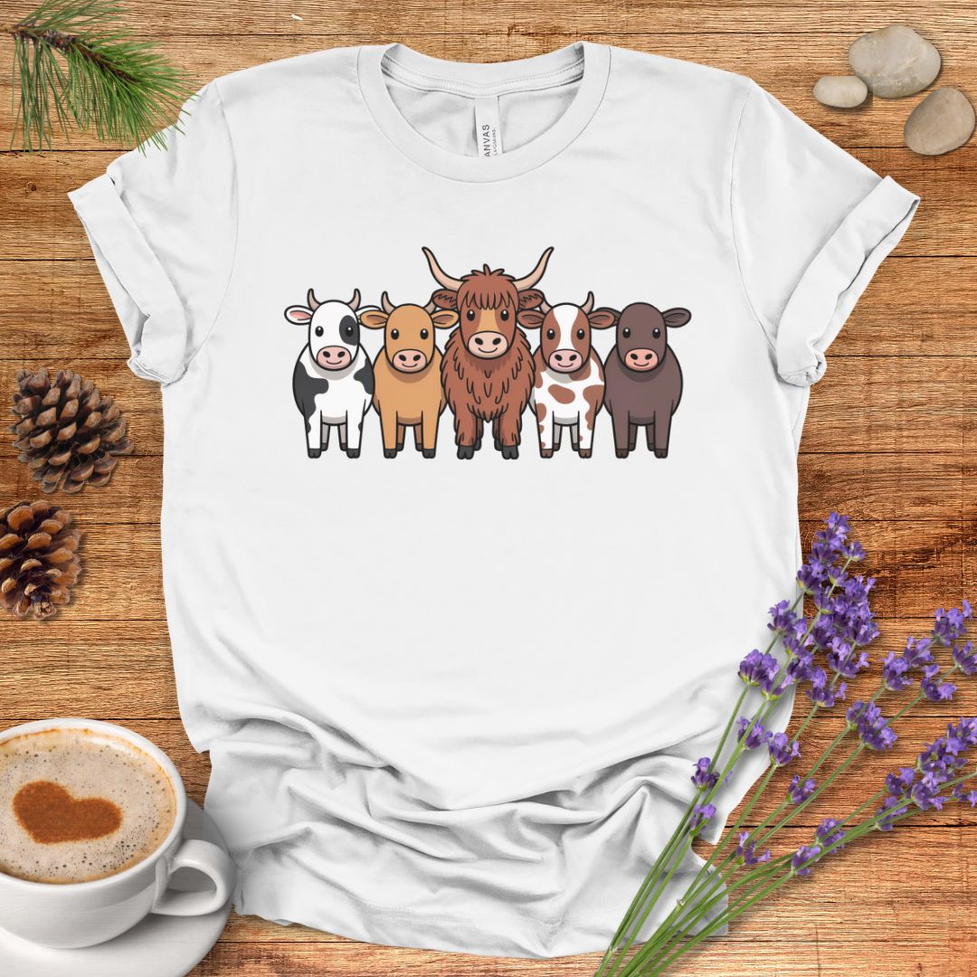 Cartoon Cow Breeds T-Shirt – Cute Farm Animal Lineup Tee with Highland, Dairy & Spotted Cows