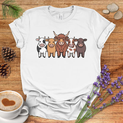 Cartoon Cow Breeds T-Shirt – Cute Farm Animal Lineup Tee with Highland, Dairy & Spotted Cows