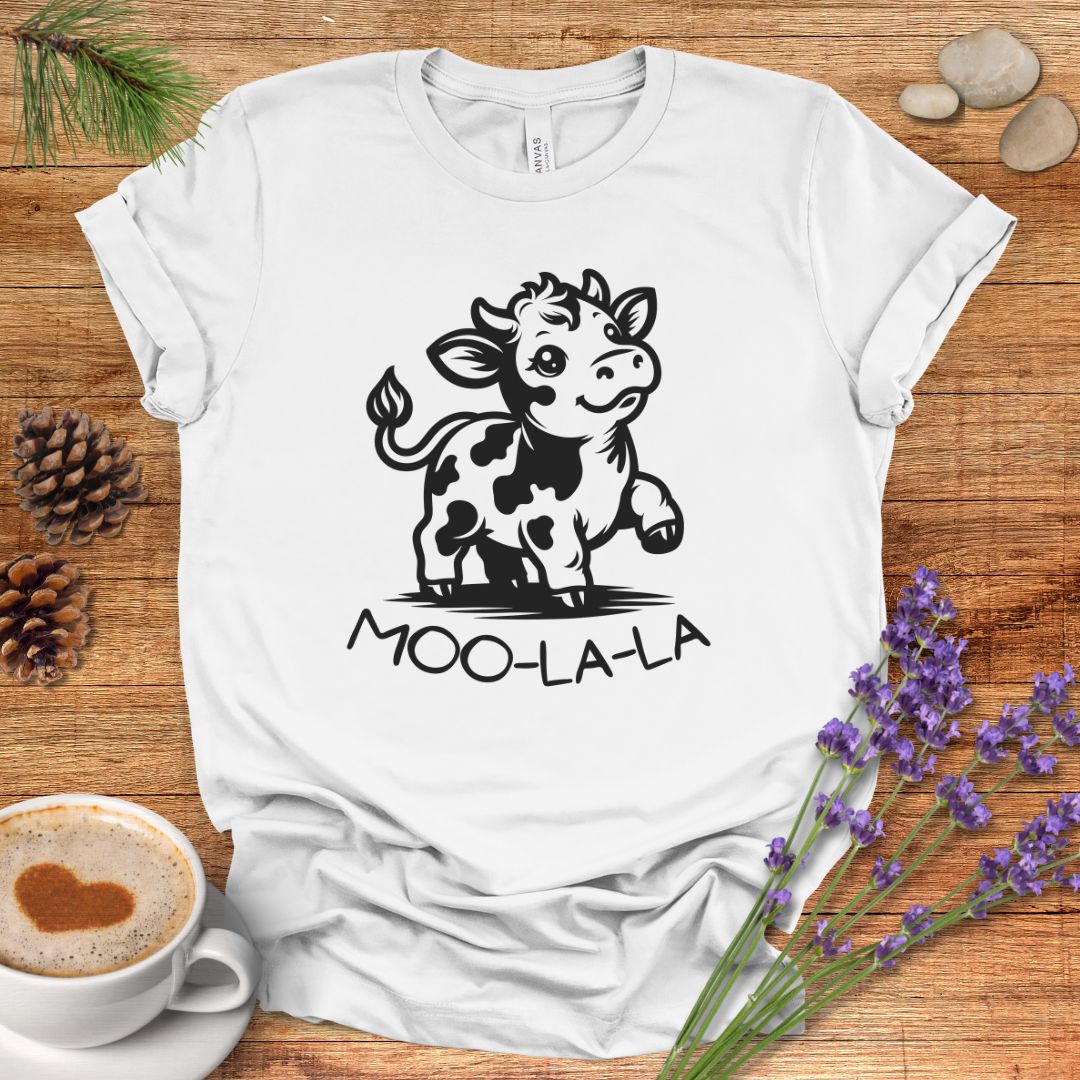 Cute Cow Cartoon T-Shirt – “Moo-La-La” Farm Animal Pun Tee for Rustic Country Living & Cow Lovers