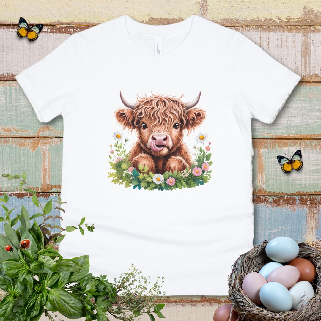 Cute Highland Cow Kids T-Shirt – Adorable Tongue-Out Cow & Wildflower Tee for Little Farm Animal Lovers