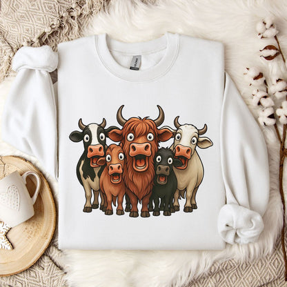 Funny Cow Lover Sweatshirt – Cute Cow Lineup Crewneck for Farm Life, Ranchers & Cow Moms