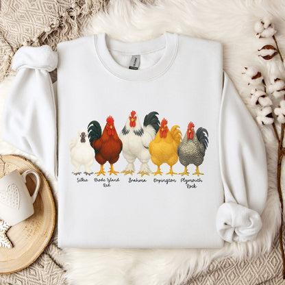 Rooster Lineup Sweatshirt – Silkie, Rhode Island Red, Brahma, Orpington & Plymouth Rock Pullover for Farm Animal Lovers