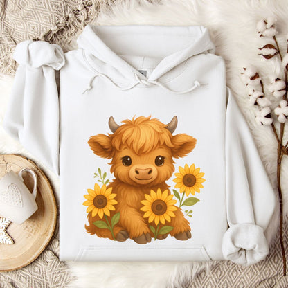 Cute Highland Cow Hoodie – Sunflower Cow Lover Pullover for Farm Girls & Country Style Fans