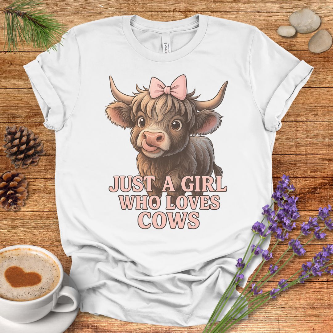 Highland Cow T-Shirt – “Just a Girl Who Loves Cows” Cute Farmhouse Tee with Pink Bow Design