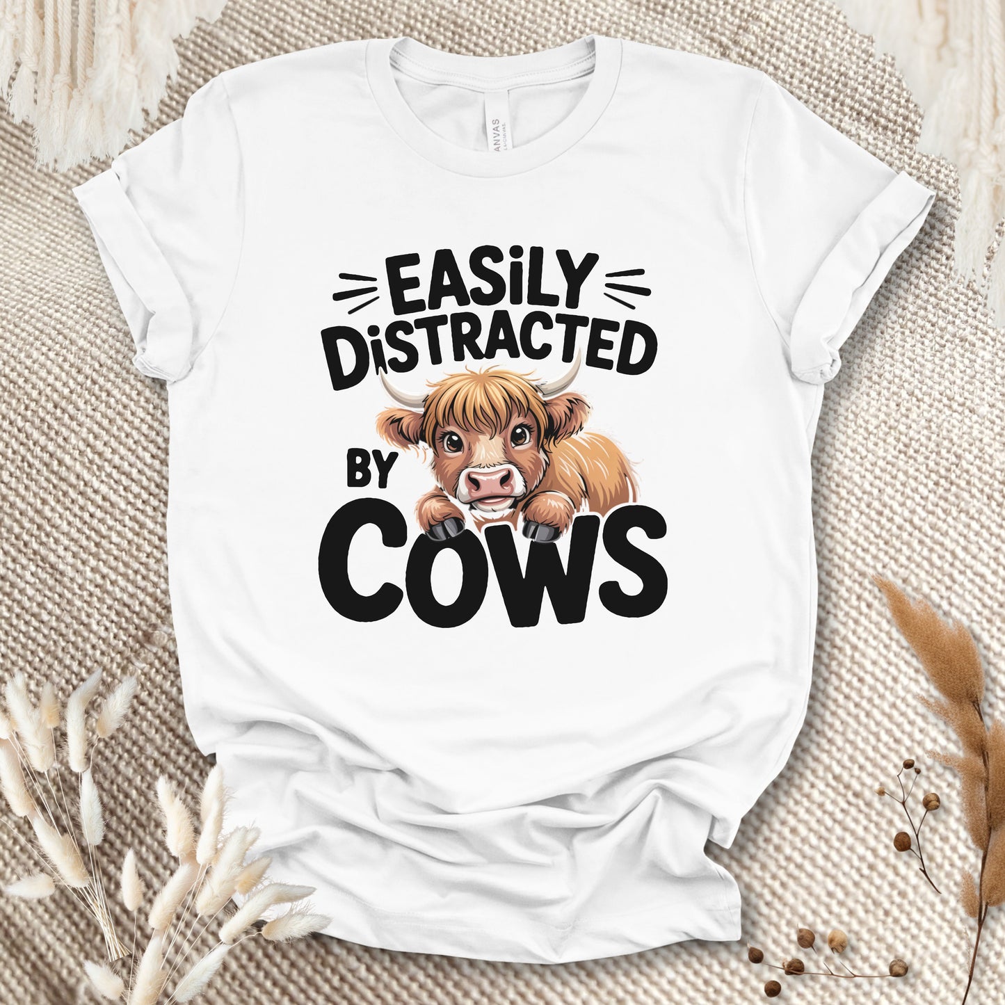 Easily Distracted by Cows T-Shirt – Funny Farm Animal Tee with Rustic Highland Cow Design