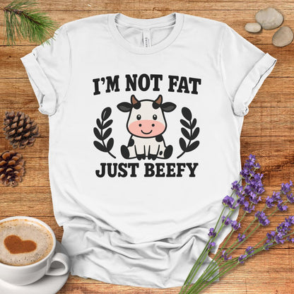 Funny Cow Pun T-Shirt – “I’m Not Fat, Just Beefy” Cartoon Farm Animal Tee for Rustic Country Living