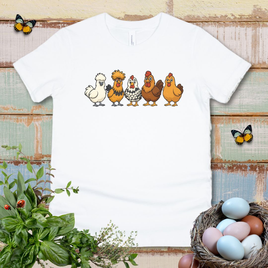 Cute Cartoon Chickens Kids T-Shirt – Farm Chicken Lineup Youth Tee for Animal-Loving Boys & Girls