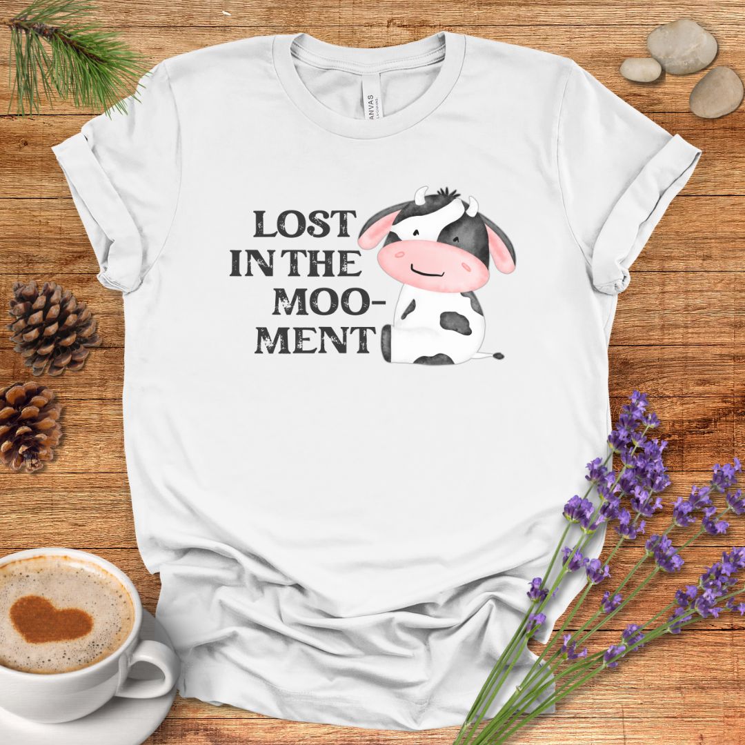 Funny Cow T-Shirt – “Lost in the Moo-ment” Farm Animal Pun Shirt for Cow Lovers & Farmers