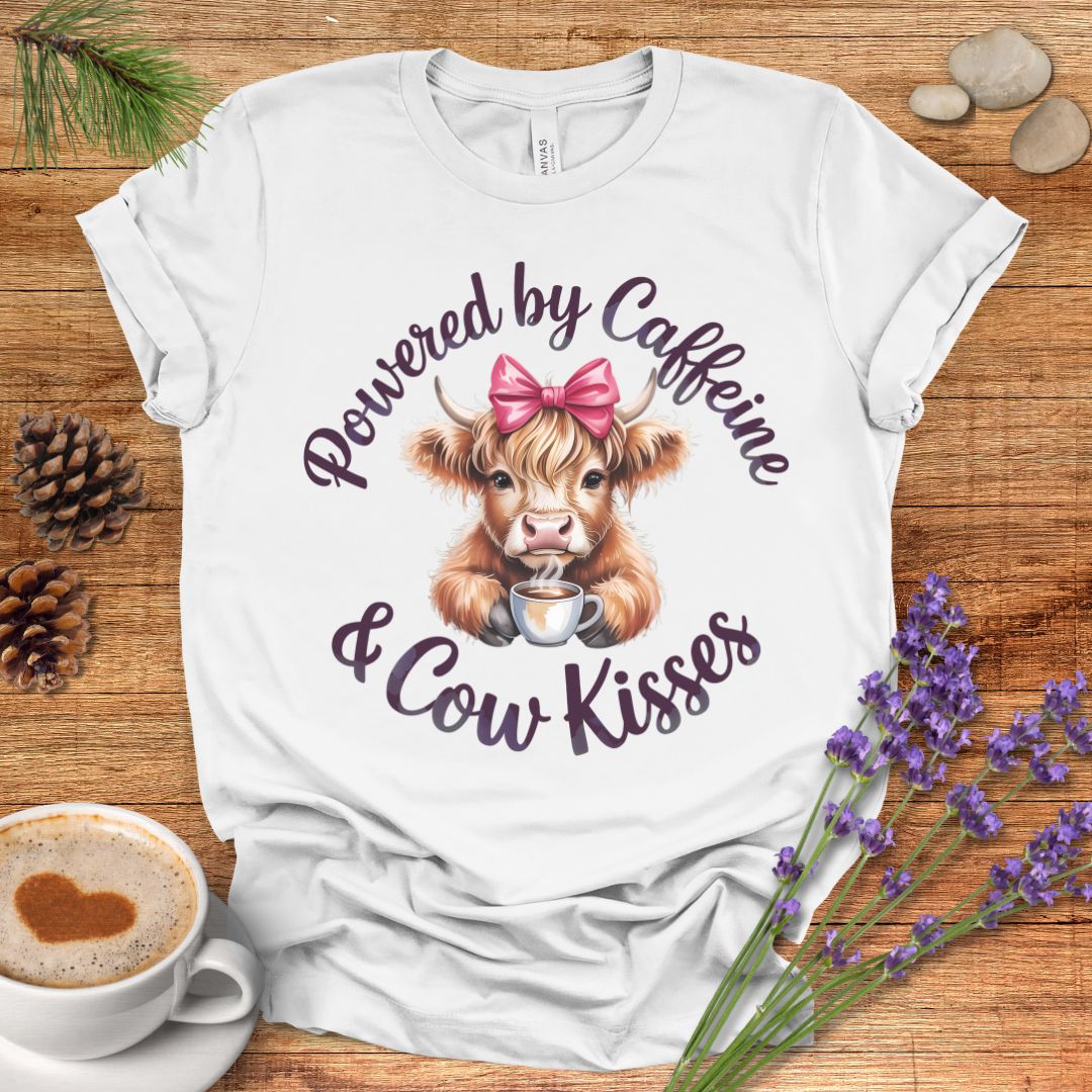 Funny Highland Cow Lover T-Shirt – Powered by Caffeine & Cow Kisses Tee for Cow Moms, Coffee Lovers & Country Life Fans